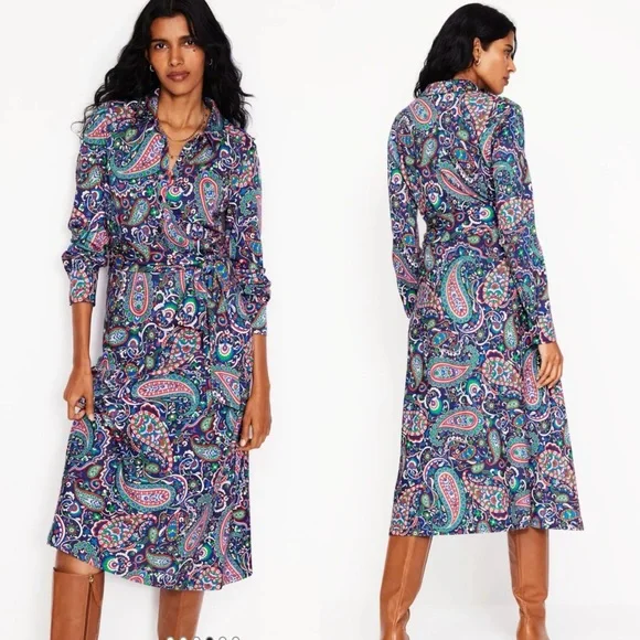knee length dresses for ladies Laura Jersey Midi Shirt Dress-Navy, Paisley Paradise main image 0